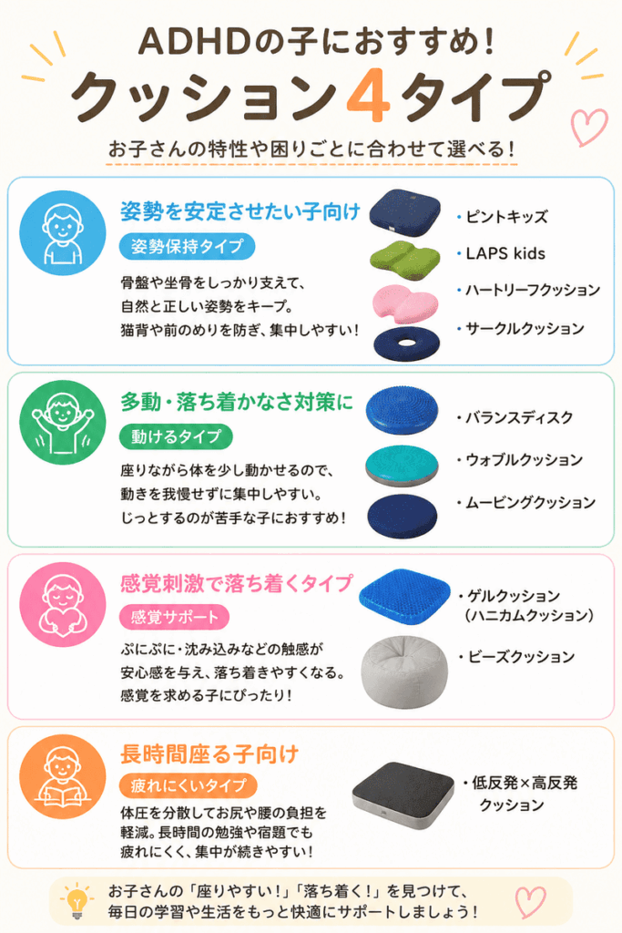 adhdの子におすすめのクッション４タイプを説明する画像