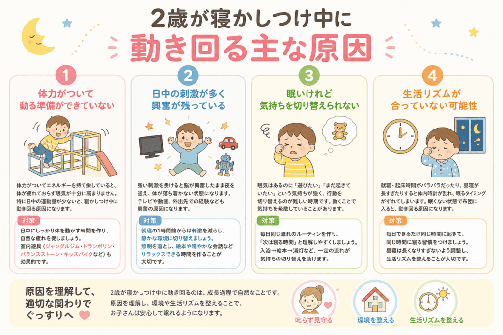 2歳が寝かしつけ中に動き回る主な原因を説明する画像